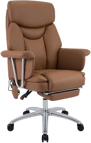 CLP Bürostuhl ergonomisch mit Massagefunktion Dahra Echtleder, Schreibtischstuhl mit Fußablage, höhenverstellbar bis 135 kg belastbar, Farbe:braun