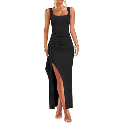 XIWCAFC Damen Abendkleid Sexy Ärmelloses Maxikleid Quadratischem Ausschnitt Ballkleider mit Schlitz Festliche Elegant Bodycon (DE/NL/SE/PL, Alphanumerisch, L, Regular, Regular, Schwarz)
