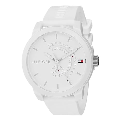 Tommy Hilfiger Herren-Analog-Quarzuhr - Weißes Zifferblatt, Weißes Silikonarmband, Tag- & Datumsfunktionen, 44-mm-Gehäuse, 3ATM Wasserbeständigkeit - 1791481
