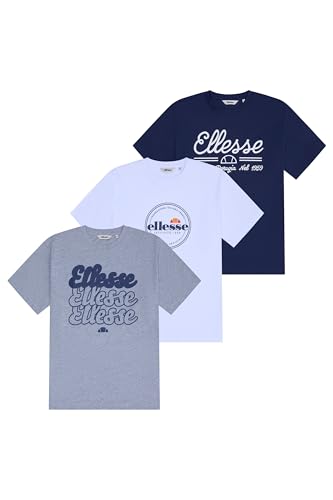 Ellesse Herren Arillo 3er Pack T-Shirt, Grau, Weiß, Marineblau, Rundhals, Regular Geschnitten, XL EU