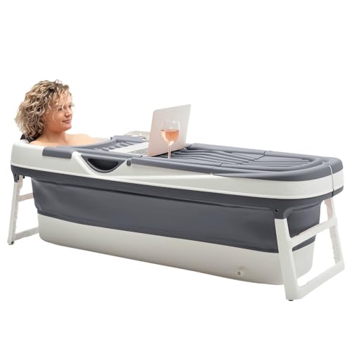 HelloBath® Faltbare Badewanne XXL 157x60x48 cm für Erwachsene | Tragbare Badewanne mit Badekissen, Aufbewahrungstasche, LED-Lampe & Massagerollen | Mobile für Dusche & Outdoor – DunkelGrau