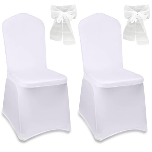 WZYTEU 2 Stück Stuhlhussen Weiss, Stuhlhussen Hochzeit mit 2 Weiß Schleifen, Stretch stuhlschleifen für Hochzeit, Party, Hotel, Restaurant
