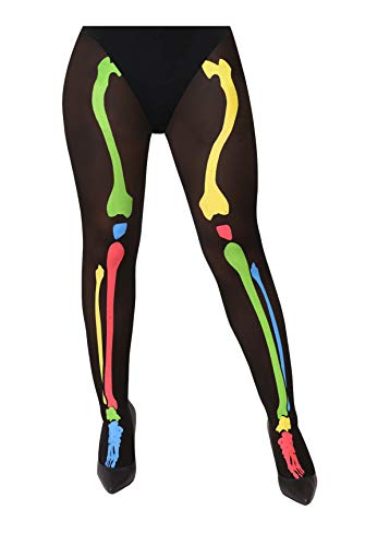 ILOVEFANCYDRESS Schwarze Knochen PERLON Strumpfhose MIT NEON Knochen Aufdruck