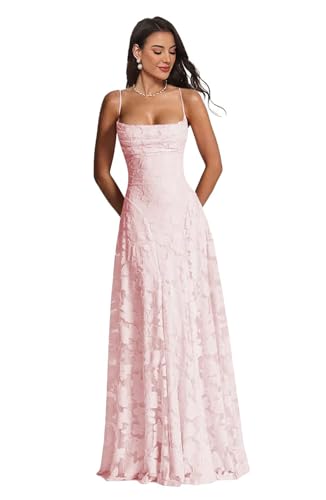 JAEDEN Damen Floral Spaghettiträger Abendkleider Lang Formelle Brautjungfernkleider A Linie Ballkleider Rückenfrei Blush 34