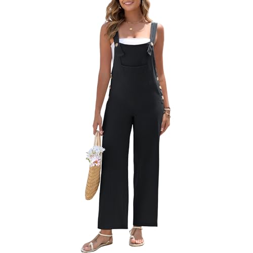 HOTIAN Latzhose Damen Leinen Sommer Elegant Jumpsuit Leinenhose Lang Casual Lose Overall mit Große Taschen Bib Pants Black L