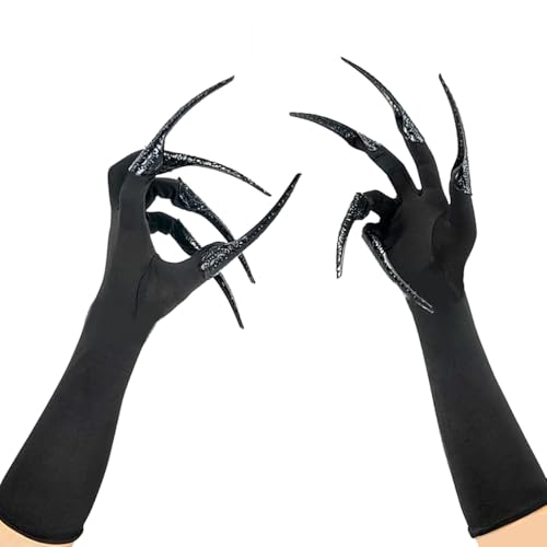 MZinge Lange Fingerklauen-Handschuhe, schwarze Pfotenhandschuhe, gruselige Vampir-Hexe, Dämonenkrähe, Halloween, Katzennagelringe, Cosplay-Kostüm, Zubehör für Damen und Herren