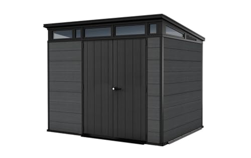 Keter Cortina 9x7 Gerätehaus mit Boden, wetterfest und UV-beständig, doppelwandig mit Stahlrahmen, Pultdach und Belüftung, 279 x 218 cm, grau