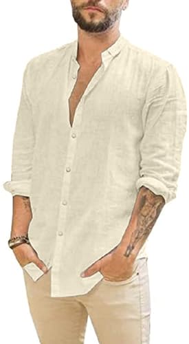 Friptspyg Leinenhemd Herren Hemd Langarm Baumwolle Leinen Hemden Button-Down Freizeithemden Casual Regular Fit Sommerhemd, Beige L