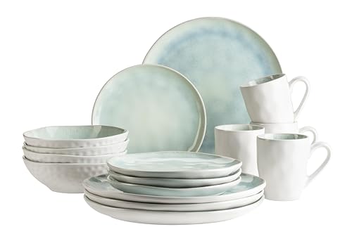 MÄSER Serie Frozen, Geschirr Set aus Keramik für 4 Personen, 16-teiliges Kombiservice mit organischen Formen, farblich gesprenkeltes Service, Steinzeug, Türkis-Grün