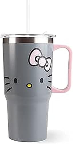 Hello Kitty Trinkbecher Kinder mit Deckel und Strohhalm 540 ml - großer Strohhalmbecher mit Henkel, grau - Kinderbecher für Schule, Kindergarten, Sport und Ausflüge