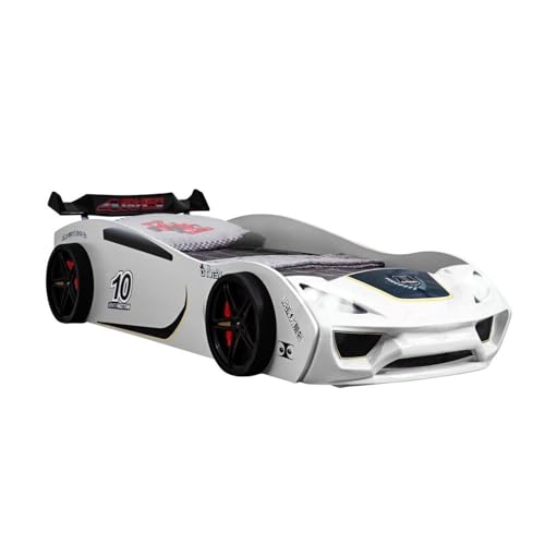 TRAUMMÖBEL Kinder Autobett Turbo V2 Kinderbett 90x200 im Rennwagen super Drift Design mit LED Beleuchtung und Lattenrost für Jungen und Mädchen - Betten Farbe Weiß