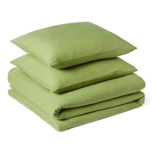 Amazon Basics Bettwäsche 200x200 3teilig Vorgewaschene Mikrofaser, Extra Weich mit Knitter-Look, Bügelfrei, Bettbezug 200x200 cm & 2 Kissenbezüge 80x80 cm, Grün