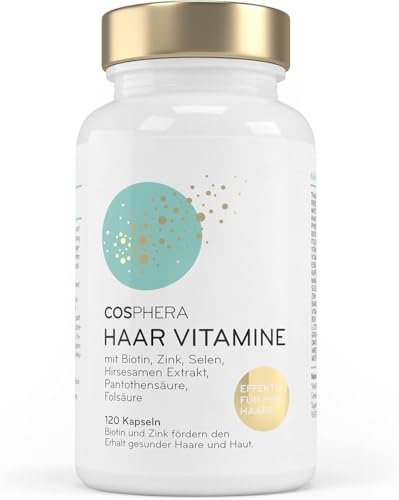 Cosphera Haar-Vitamine - Hochdosiert mit Biotin, Selen und Zink als Beitrag zum Erhalt normaler Haare. Plus Folsäure & Hirse Samen Extrakt (reich an Silizium) - 120 vegane Kapseln im 2 Monatsvorrat.