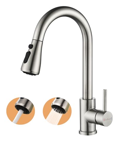 Wasserhahn Küche Ausziehbar,Hochdruck Küchenarmatur mit Herausziehbarer Brause Mischbatterie Küche mit 3 Funktionen 360°Drehbar,Kitchen Faucet Zwei Sprühfunktionen (Gebürstet)