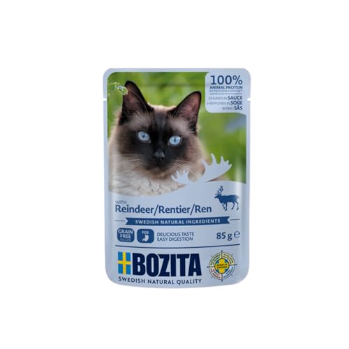 Bozita Pouch Nassfutter Häppchen in Sauce mit Rentier - 12x85g Portionsbeutel getreidefreies & weizenfreies Futter für Katzen - Katzennassfutter für Adult-Katzen mit 8,5% Protein & 4,5% Fettgehalt