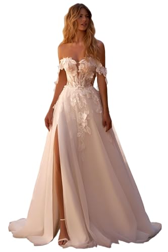 TANPAUL Florale Spitze Brautkleider Schulterfrei Chiffon Hochzeitskleider Boho Beach Standesamt Brautkleid mit Schlitz Weiß-B 44
