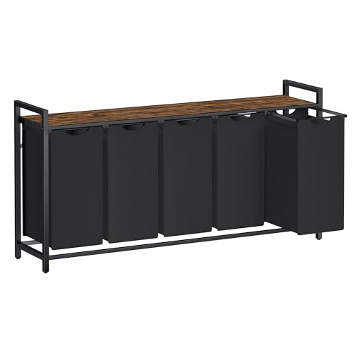 VASAGLE Wäschekorb 5 Fächer, Wäschesammler mit Ablage, Wäschebox, Wäschesack aus Oxford-Gewebe abnehmbar, Metallrahmen, 5 x 40 L, 143,5 x 33 x 72 cm, tintenschwarz-vintagebraun BLH501B01