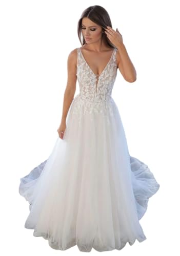 JAEDEN Damen Brautkleid V-Ausschnitt Prinzessin Hochzeitskleider Spitze Tüll Trauung Kleider Elfenbein 44