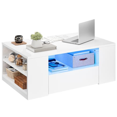 YITAHOME Couchtisch Weiß, Wohnzimmertisch Hochglanz mit 16-Farbiger LED Beleuchtung Modern, Beistelltisch Weiss mit Offenem Ausstellungsregal und 2 Ausziehbaren Schubladen, 95x 55x37cm