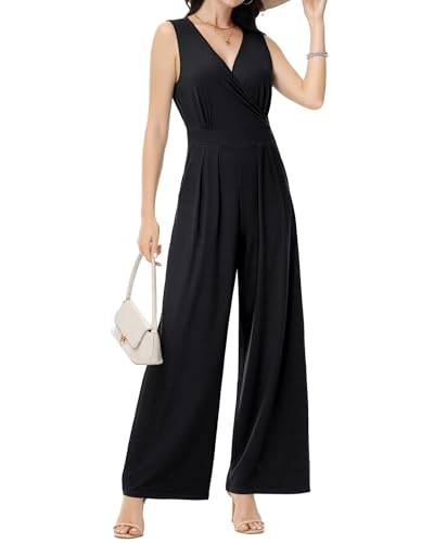 Tanmolo Damen Jumpsuit Elegant Festlich Sommer Ärmellos Overall Weites Bein Romper Mit Taschen Kurz Schwarz, M
