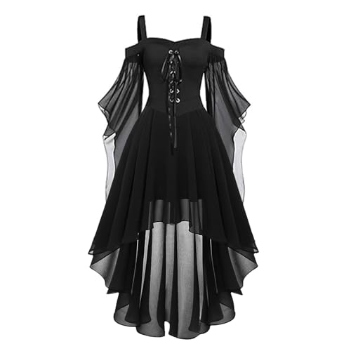 Halloween Kostüm Damen Gothic Kleid Mittelalter Kleidung Damen Gebundene Taille Hexenkostüm Einfarbig mit Schulterfreiem Ausschnitt Dress Vampir Renaissance Trompetenärmel Korsett 