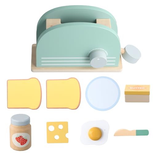 Litinliv 9 STK Kinderküche Z zubehör Holz Toaster, Pop Up Toaster Spielzeug Kinder mit Toast, Spiegelei, Butter und Marmelade, Holzspielzeug Spielküche Zubehör für Kinder ab 3 Jahren