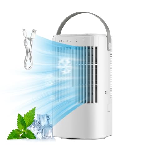 Mobile Klimaanlage, 120° Oszillation Klimaanlage Mobil, USB 4 in 1 ohne Abluftschlauch mit 2/4 H Timer, 3 Geschwindigkeiten & 3 Nebelmodi, 7 Farben Mini Klimaanlage für Hause, Büro