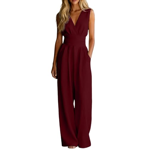Generisch Jumpsuit Damen Elegant Overall Damen Festlich Weites Bein Hosenanzug Frauen Ärmellose Hochzeitsgast Jumpsuits Mit Tasche Summer Overalls V Ausschnitt Playsuit Buisness Romper (Wine, M)