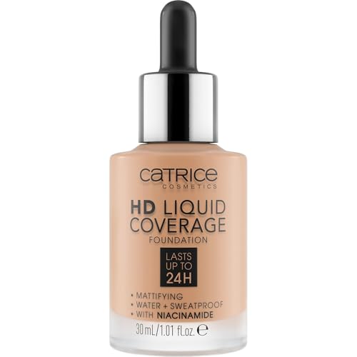 Catrice HD Liquid Coverage Foundation, Make Up, Nr. 040 Warm Beige, nude, für Mischhaut, für unreine Haut, langanhaltend, mattierend, matt, vegan, ölfrei, ohne Alkohol (30ml)