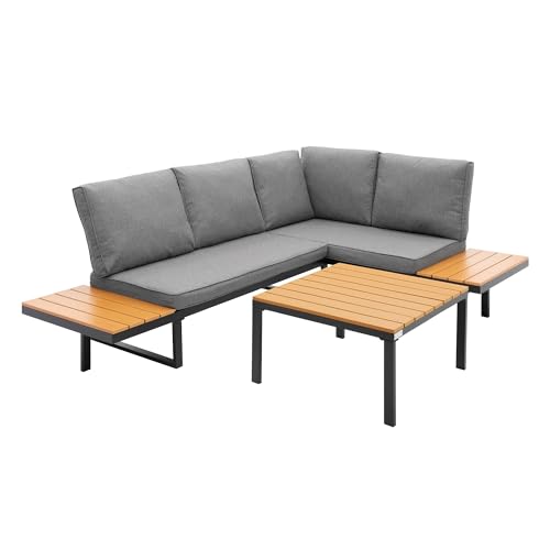 ML-Design Gartenmöbel Set 3 tlg, Terrassenmöbel mit Couchtisch & Kissen, Balkonmöbel Grau-Holzoptik, Ecksofa wetterfest, Sitzgruppe frei kombinierbar, Lounge Möbel Outdoor für Garten Terrasse & Balkon