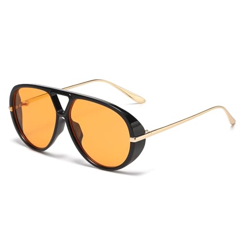 LJCZKA Übergroße Pilot Sonnenbrille für Damen Herren 70er Retro Piloten Sonnenbrille Doppel Brücke Metall Rahmen Runde Groß Brille Mode mit UV Schutz (Schwarz Orange)