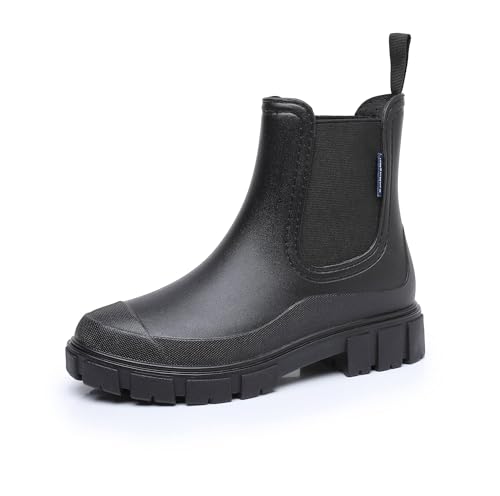 DRECAGE Gummistiefel Damen Wasserdicht Stiefel Damen Halbhoch Ankle Chelsea Boots Stylisch Stiefeletten mit Rutschfest Sohle Schwarz 40