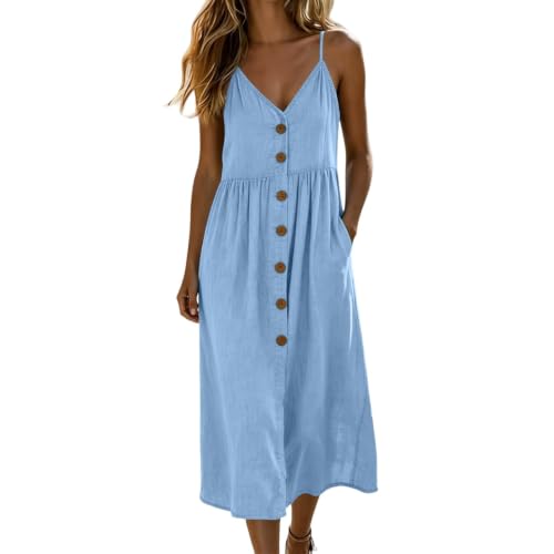Kleid Damen Sommer Spaghettiträger - V-Ausschnitt Boho Strandkleid, Leichte Baumwolle Midikleid, A-Linie Sommerkleid, Casual Trägerkleid mit Taschen