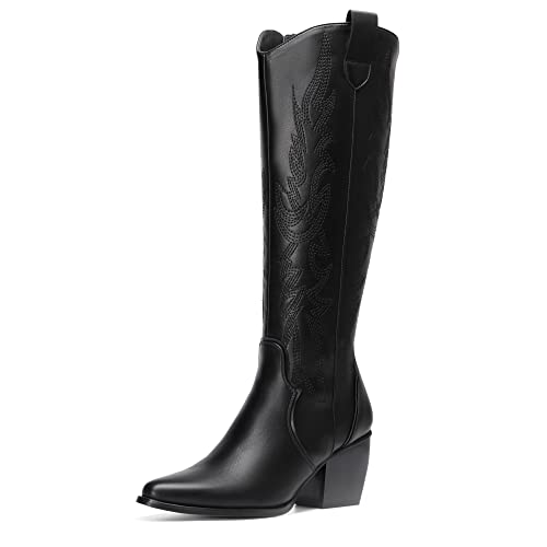 DREAM PAIRS Kniehohe Damen Westernstiefel, bequemer, klobiger Blockabsatz, spitzer Zehenbereich, seitlicher Reißverschluss, Wildleder-Slouch-Reitstiefel,Size 39,Schwarz/Pu,SDKB224W