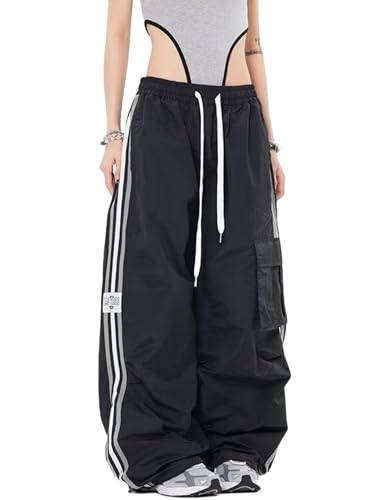 FCOOLYEET Y2k Herren-Sweathose, Baggy-Trainingshose, Streetwear-Hose, Harajuku-Jogger, weites Bein, Fallschirmhose für Herren, Schwarz, Mittel