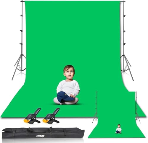 EMART Greenscreen Hintergrund mit Ständer, 2,6x3m Hintergrundsystem, 3 X 3,6m Grün Fotohintergrund und 2 Federklemmen Fotostudio Set für Produkt Porträt YouTube Video Fotografie