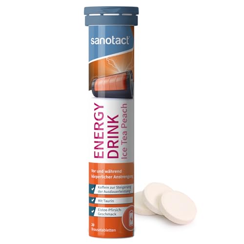 sanotact Energy Drink Brausetabletten Eistee Pfirsich (20 Stück) – Taurin + Koffein + B-Vitamine – Zuckerfrei & Kalorienfrei – Für Energie, Ausdauer & Fokus – Vegan & Laktosefrei