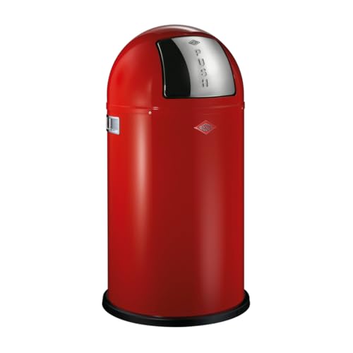 WESCO Pushboy Mülleimer in der Farbe rot, pulverbeschichtetes Stahlblech, 50 Liter Volumen, große Edelstahlklappe, herausnehmbarer Innenbehälter