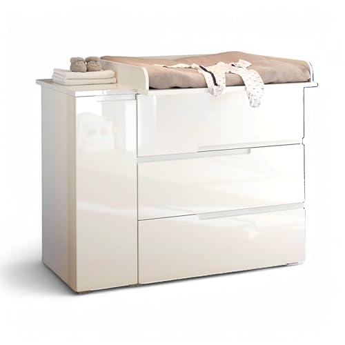 Stella Trading Spice Praktische Baby Wickelkommode inkl. Wickelaufsatz in Weiß Hochglanz - Vielseitiger Wickeltisch mit viel Stauraum - 120 x 102 x 80 cm (B/H/T)