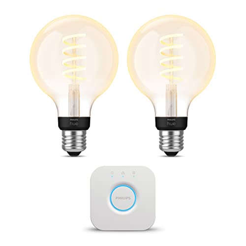 Philips Hue Starterpaket - E27 - mit 2 Filament Globe Lampen Klein (G93) - Warm bis Kaltweißes Licht - inkl. 1 Hue Bridge - Hue White Ambiance Filament