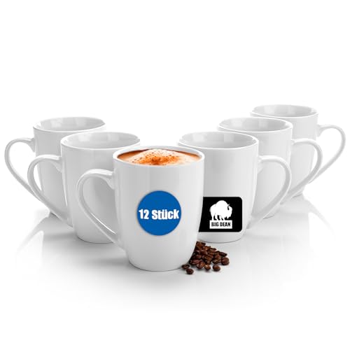 BigDean 12 Stück Kaffeebecher Porzellan 300ml Kaffeetassen weiß - Kaffeetassen Set spülmaschinengeeignet Tassen Set - Tassen zum Bemalen