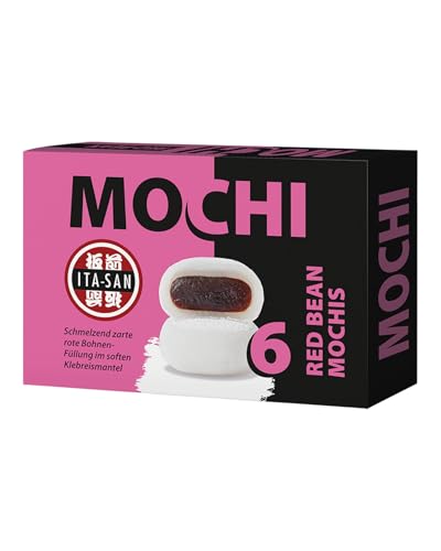ITA-SAN Mochi Rote Bohnen, weiß, 6 Stück, zarte Mochi aus Klebreismehl mit süßer rote Bohnen-Füllung, authentisch japanisch kochen, ideal als Snack oder Dessert, vegan, halal, 1 x 210 g
