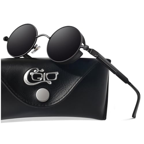 CGID Retro Sonnenbrille im Steampunk Stil, runder Metallrahmen, polarisiert, für Frauen und Männer, E72, A1 Schwarz Grau, Einheitsgröße