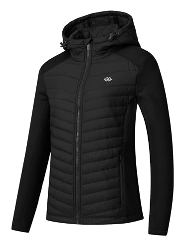 MoFiz Damen Fleecejacke Sweatjacke Hybridjacke Wanderjacke Atmungsaktiv Full Zip Jacke mit Reißverschlusstasche Schwarz M