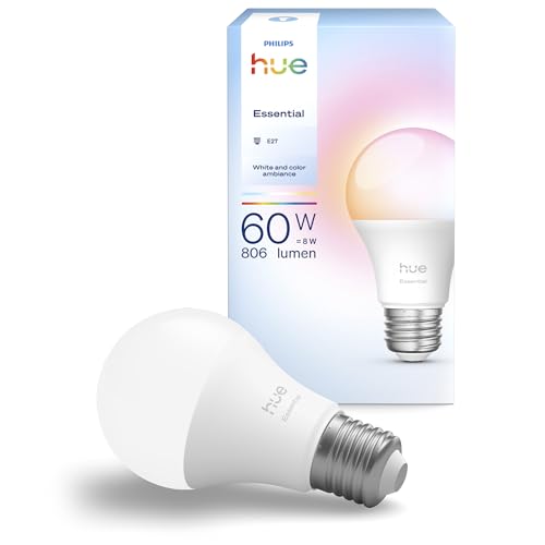 Philips Hue Essential Smart LED A60 Lampe, Weiß und Farbiges LED Leuchtmittel, E27 Fassung, 8W, 2200K-6500K, 806 Lumen LED Licht, dimmbar, kompatibel mit Alexa, Google Assistant & Apple Home, 1er Pack