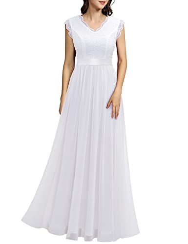 Dressystar Damen Abendkleid Festliches Hochzeitskleid Elegant Hochzeit Brautkleider Spitze Chiffon Maxi Standesamt Kleider Weiß L
