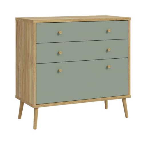Forte WHENUA Mid-Century Modern Kommode 90, Kommode mit 3 Schubladen, Sideboard, Holzwerkstoff, Mauvella Eiche Holzdekor, Salbei, 88,8 cm breit x 86,3 cm hoch x 41,5 cm tief