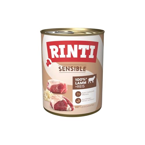 RINTI - Sensible | Nassfutter für Sensible, ausgewachsene Hunde mit natürlichen Fleischstücken. Getreidefreies Alleinfutter in der Dose ohne künstliche Zusätze | 6x800g Lamm + Reis