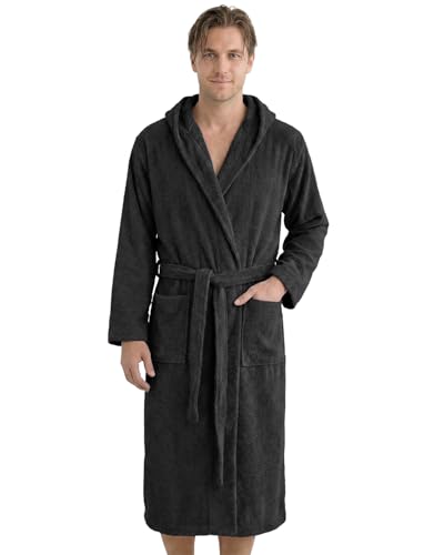 LAYNENBURG Bademantel Herren Frottee aus 100% Baumwolle - OEKO TEX Standard - weicher Morgenmantel waden-lang mit Kapuze, Bindegürtel und aufgesetzten Taschen - für Sauna & Zuhause (L schwarz)