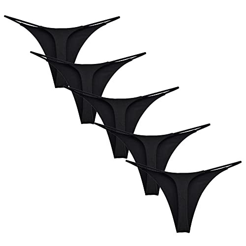 Acramy Damen Unterhosen Baumwolle String Unterwäsche Thong Tanga, 5er Pack (XS, Schwarz)